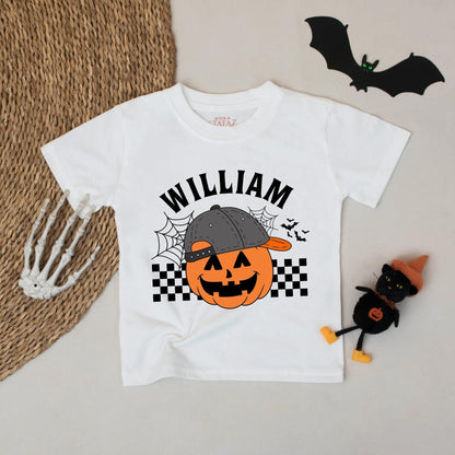 Personalized Cartoon Pumpkin Toddler Shirt with Name Backwards Cap Design Retro Halloween Boy Tee Spooky Fun Checkered Flag Fall Apparel