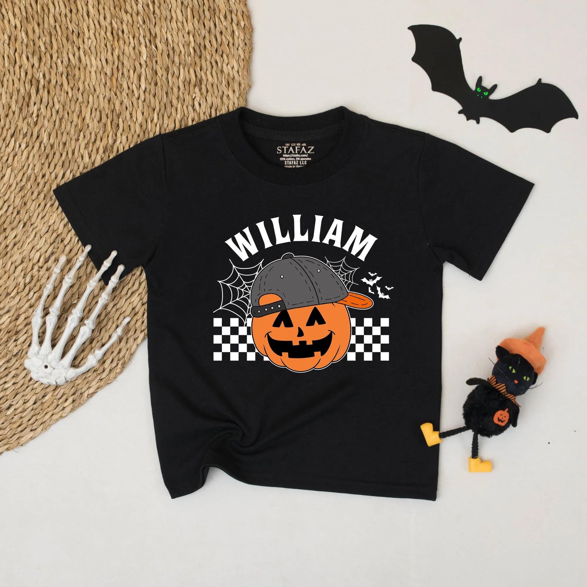 Personalized Cartoon Pumpkin Toddler Shirt with Name Backwards Cap Design Retro Halloween Boy Tee Spooky Fun Checkered Flag Fall Apparel