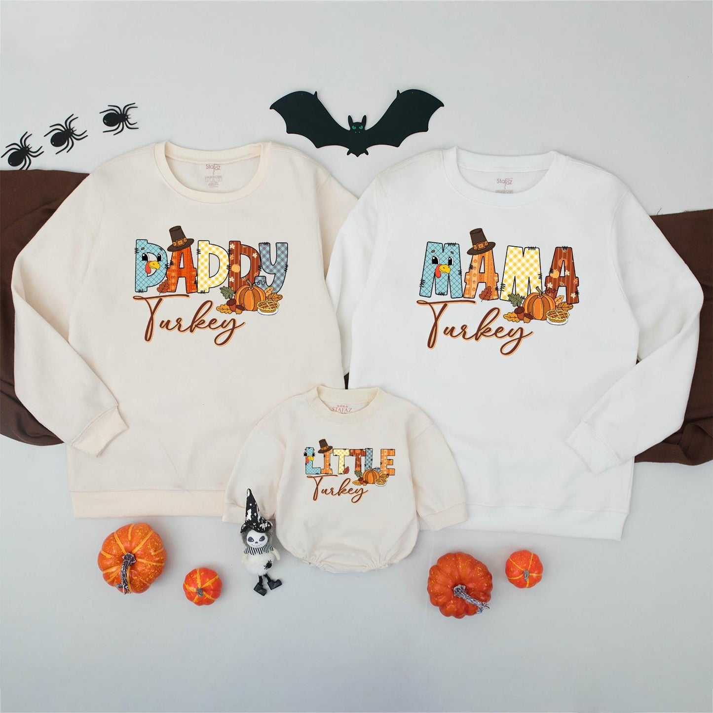 Matching Family Turkey Sweatshirt, Colorful Patchwork Thanksgiving Outfits, Funny Fall Shirt Set, Little Turkey Romper, Autumn Vibes Gifts (139 chars)