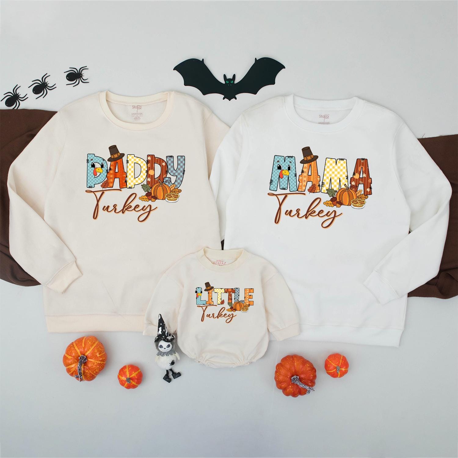 Matching Family Turkey Sweatshirt, Colorful Patchwork Thanksgiving Outfits, Funny Fall Shirt Set, Little Turkey Romper, Autumn Vibes Gifts (139 chars)