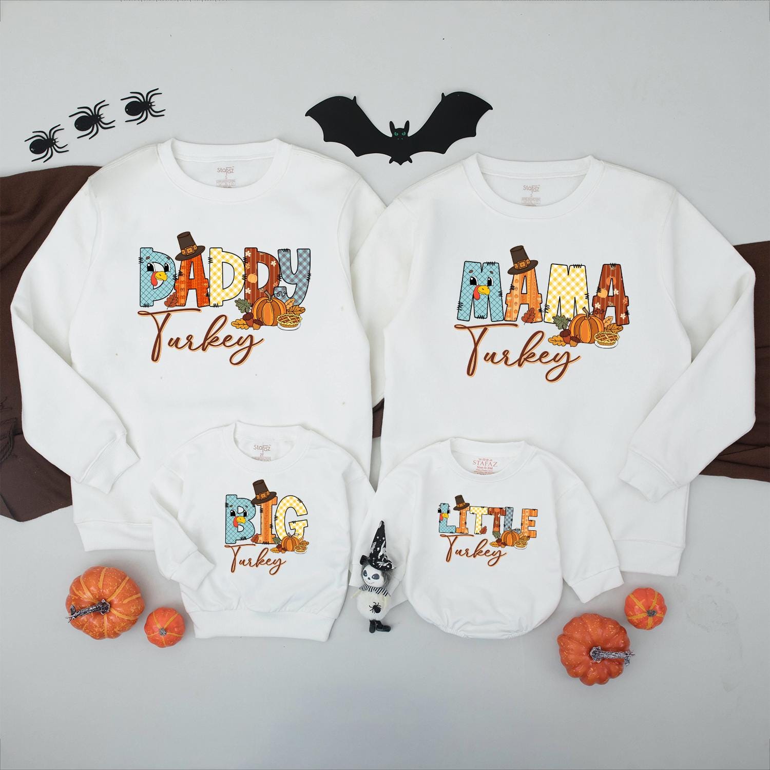 Matching Family Turkey Sweatshirt, Colorful Patchwork Thanksgiving Outfits, Funny Fall Shirt Set, Little Turkey Romper, Autumn Vibes Gifts (139 chars)