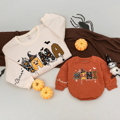 Matching Family Halloween Sweatshirts Spooky DADA MAMA MINI Graphic Orange Black White Witch Hat Dripping Cartoon Fall Outfits