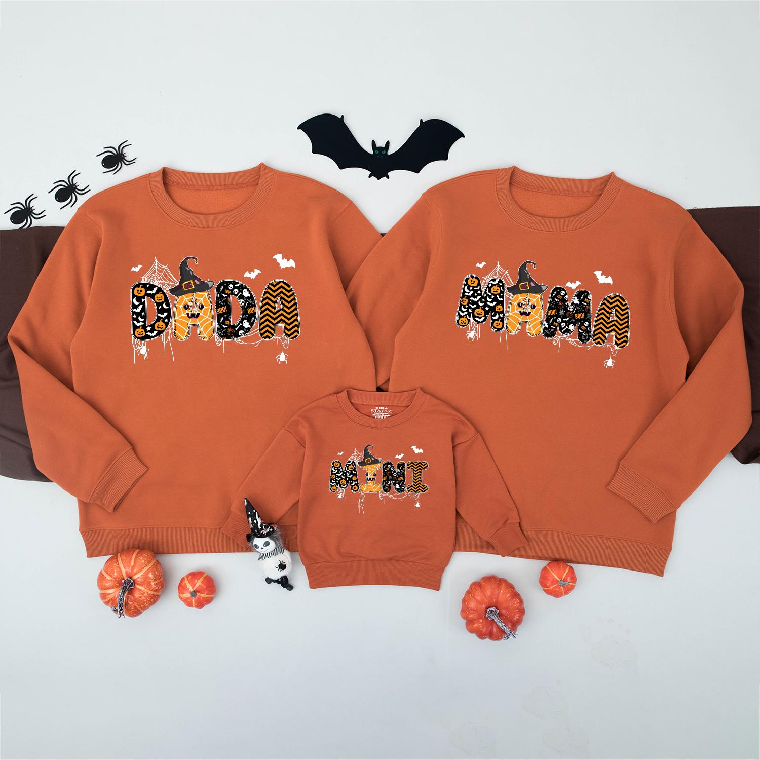 Matching Family Halloween Sweatshirts Spooky DADA MAMA MINI Graphic Orange Black White Witch Hat Dripping Cartoon Fall Outfits