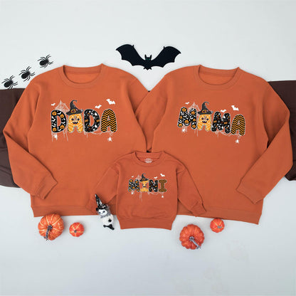 Matching Family Halloween Sweatshirts Spooky DADA MAMA MINI Graphic Orange Black White Witch Hat Dripping Cartoon Fall Outfits