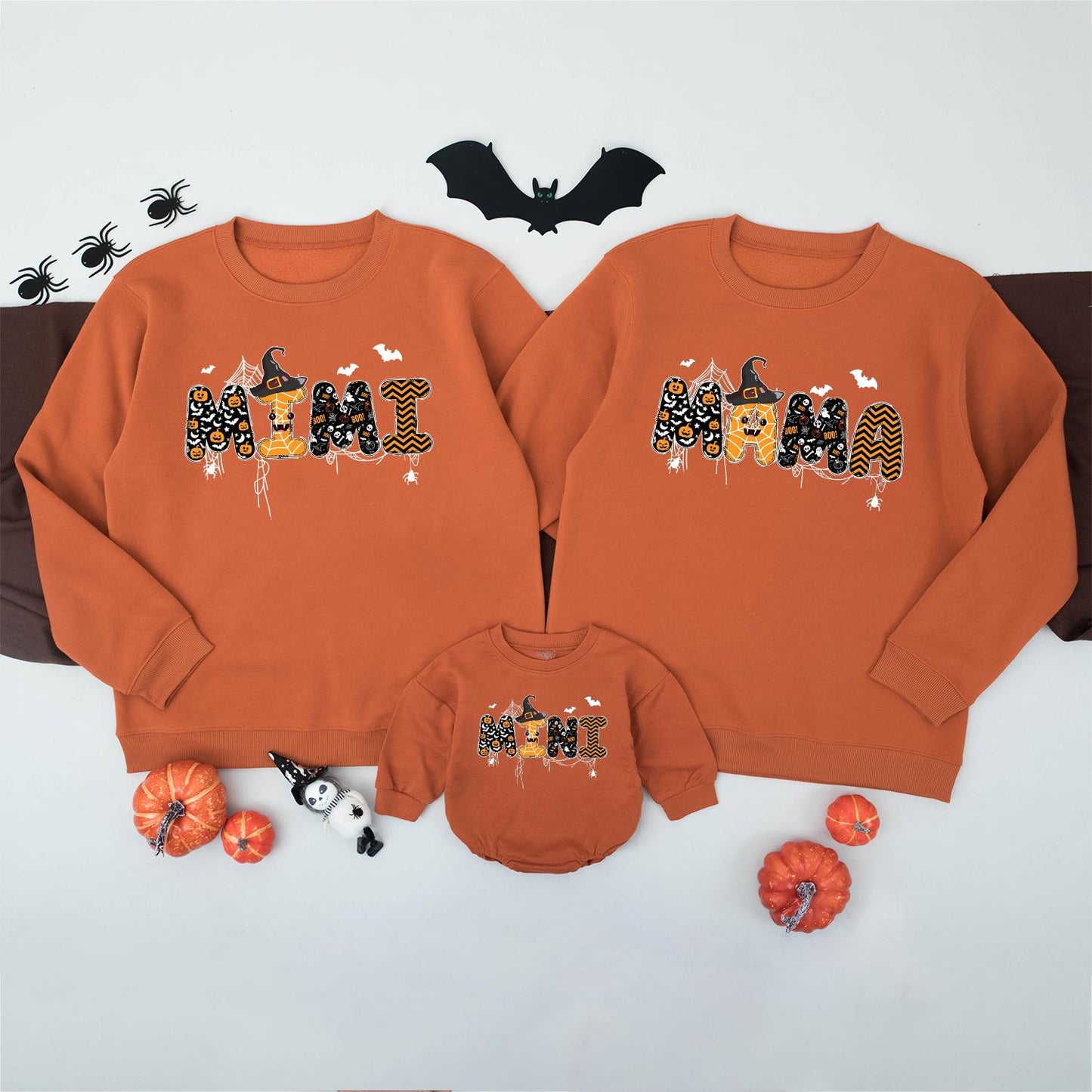 Matching Family Halloween Sweatshirts Spooky DADA MAMA MINI Graphic Orange Black White Witch Hat Dripping Cartoon Fall Outfits