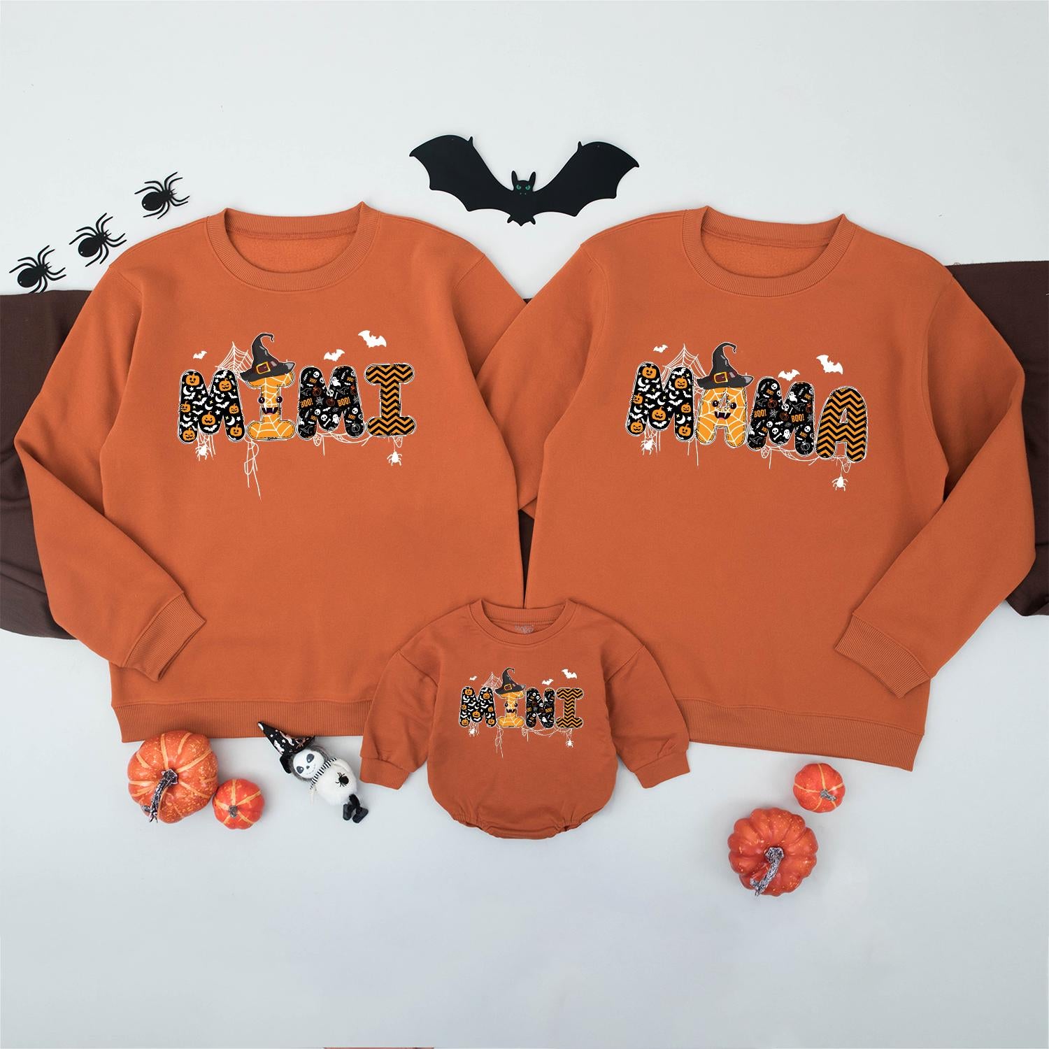 Matching Family Halloween Sweatshirts Spooky DADA MAMA MINI Graphic Orange Black White Witch Hat Dripping Cartoon Fall Outfits