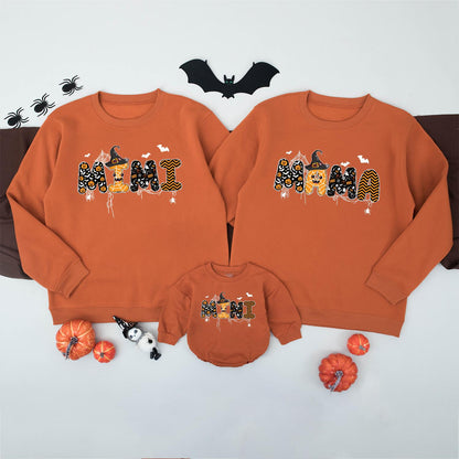 Matching Family Halloween Sweatshirts Spooky DADA MAMA MINI Graphic Orange Black White Witch Hat Dripping Cartoon Fall Outfits