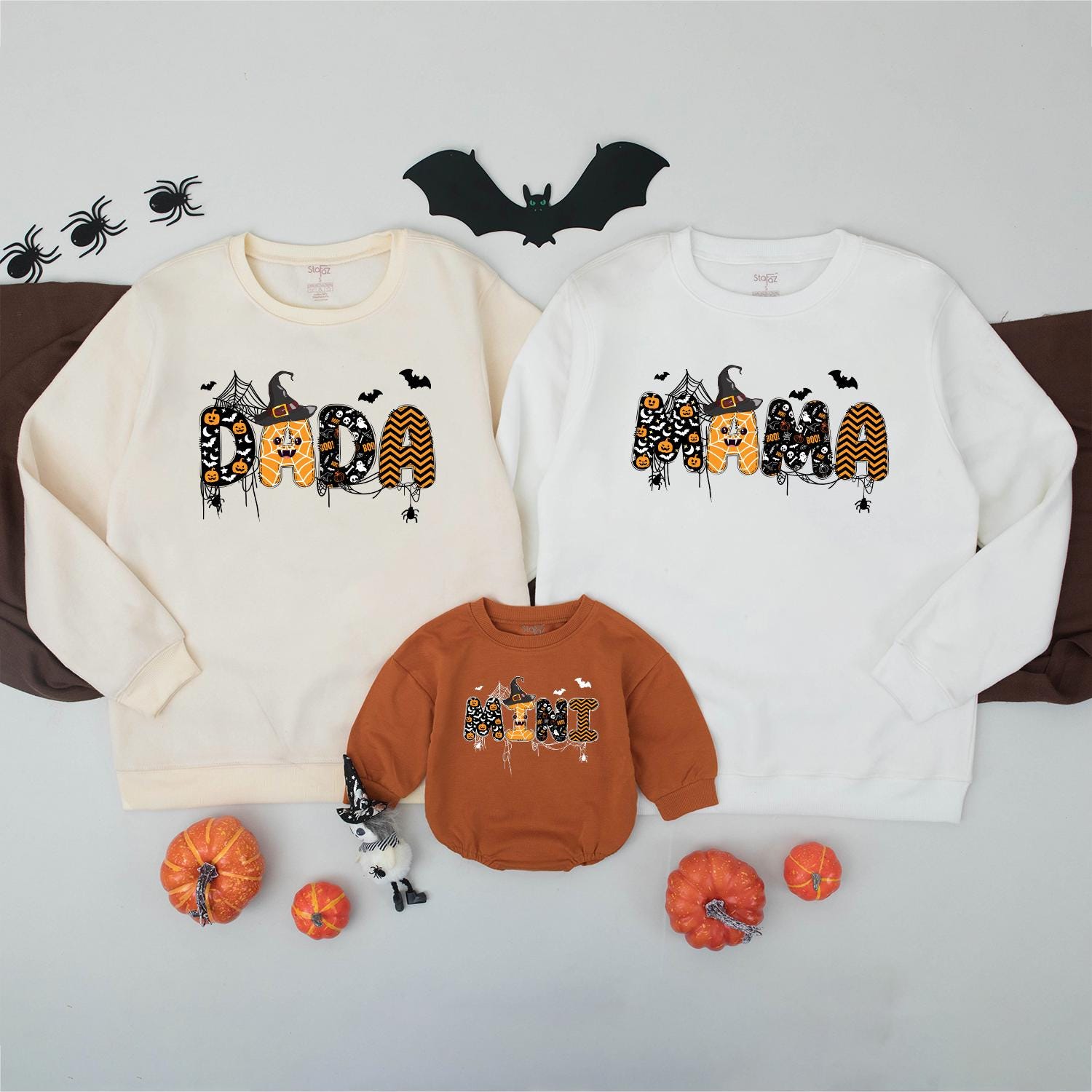 Matching Family Halloween Sweatshirts Spooky DADA MAMA MINI Graphic Orange Black White Witch Hat Dripping Cartoon Fall Outfits