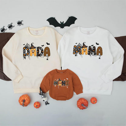 Matching Family Halloween Sweatshirts Spooky DADA MAMA MINI Graphic Orange Black White Witch Hat Dripping Cartoon Fall Outfits