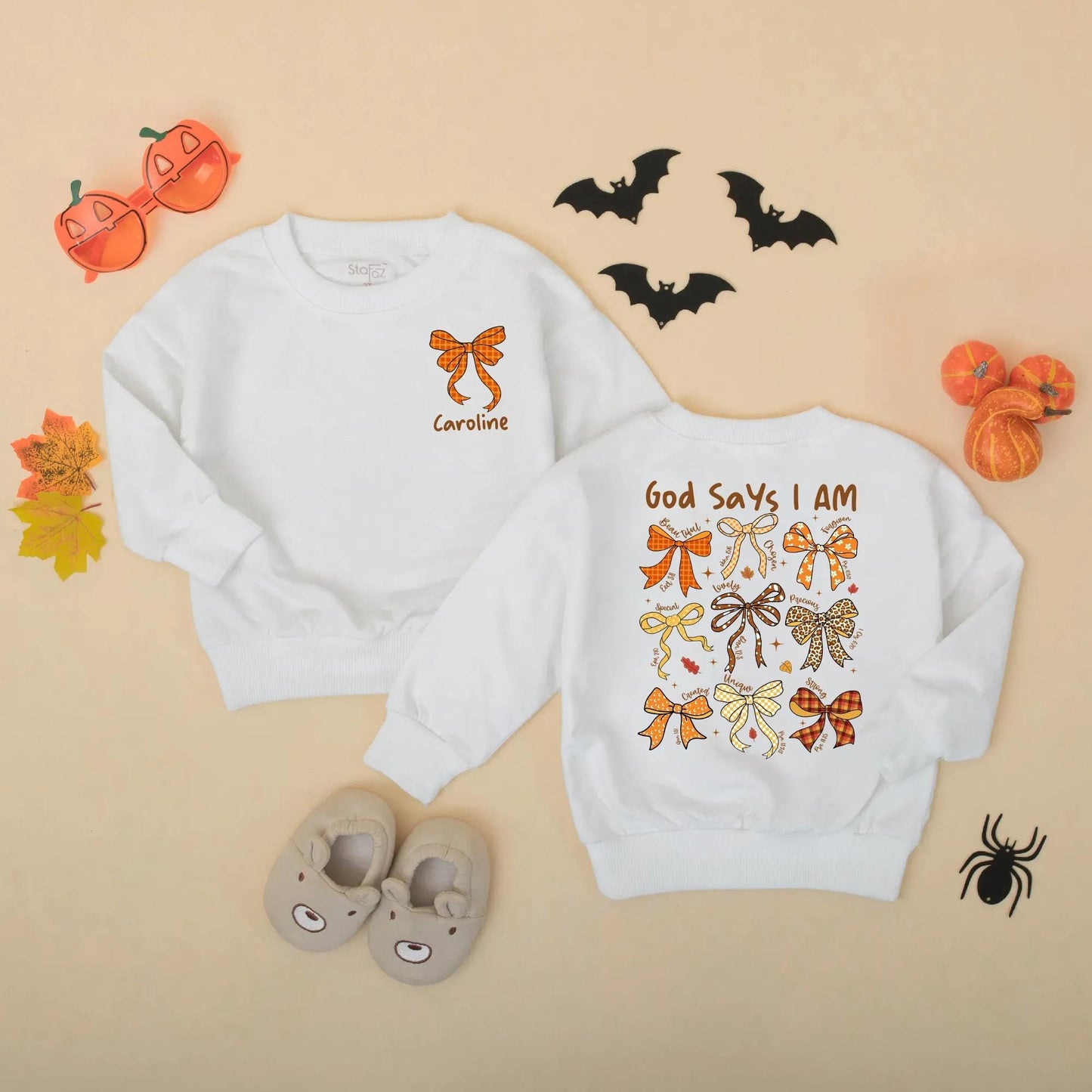 God Says I Am Fall Baby Romper: Beautiful, Loved, Unique. Rustic Thanksgiving Bows Bodysuit for Baby Girl, Autumn Religious Christian Gift, 138 chars