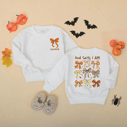 God Says I Am Fall Baby Romper: Beautiful, Loved, Unique. Rustic Thanksgiving Bows Bodysuit for Baby Girl, Autumn Religious Christian Gift, 138 chars