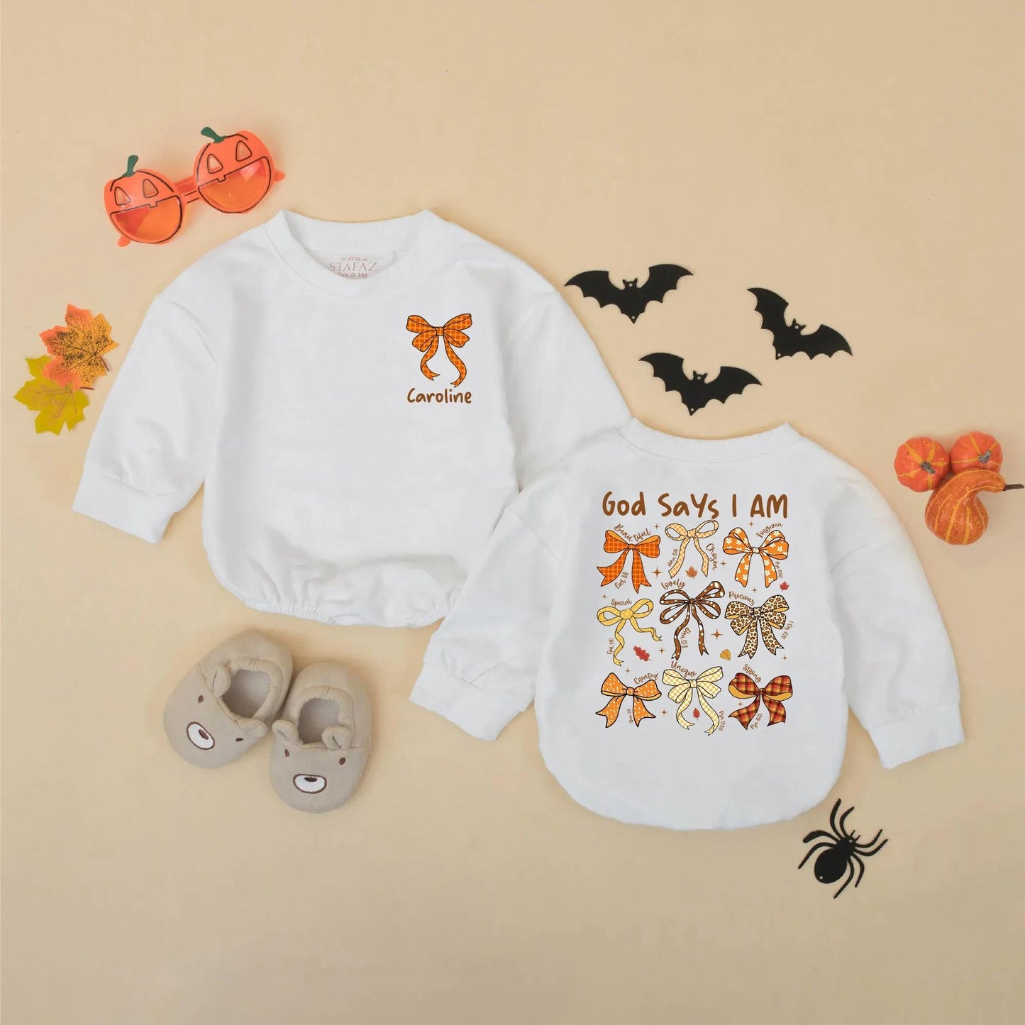 God Says I Am Fall Baby Romper: Beautiful, Loved, Unique. Rustic Thanksgiving Bows Bodysuit for Baby Girl, Autumn Religious Christian Gift, 138 chars