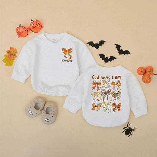 God Says I Am Fall Baby Romper: Beautiful, Loved, Unique. Rustic Thanksgiving Bows Bodysuit for Baby Girl, Autumn Religious Christian Gift, 138 chars