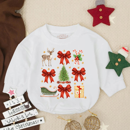 Vintage Christmas Bubble Romper for Baby Girl Candy Cane Bows Deer Sleigh Holly Gifts Retro Cheerful Holiday Outfit