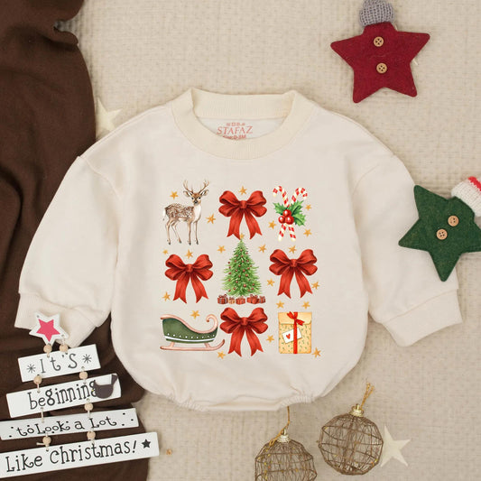 Vintage Christmas Bubble Romper for Baby Girl Candy Cane Bows Deer Sleigh Holly Gifts Retro Cheerful Holiday Outfit