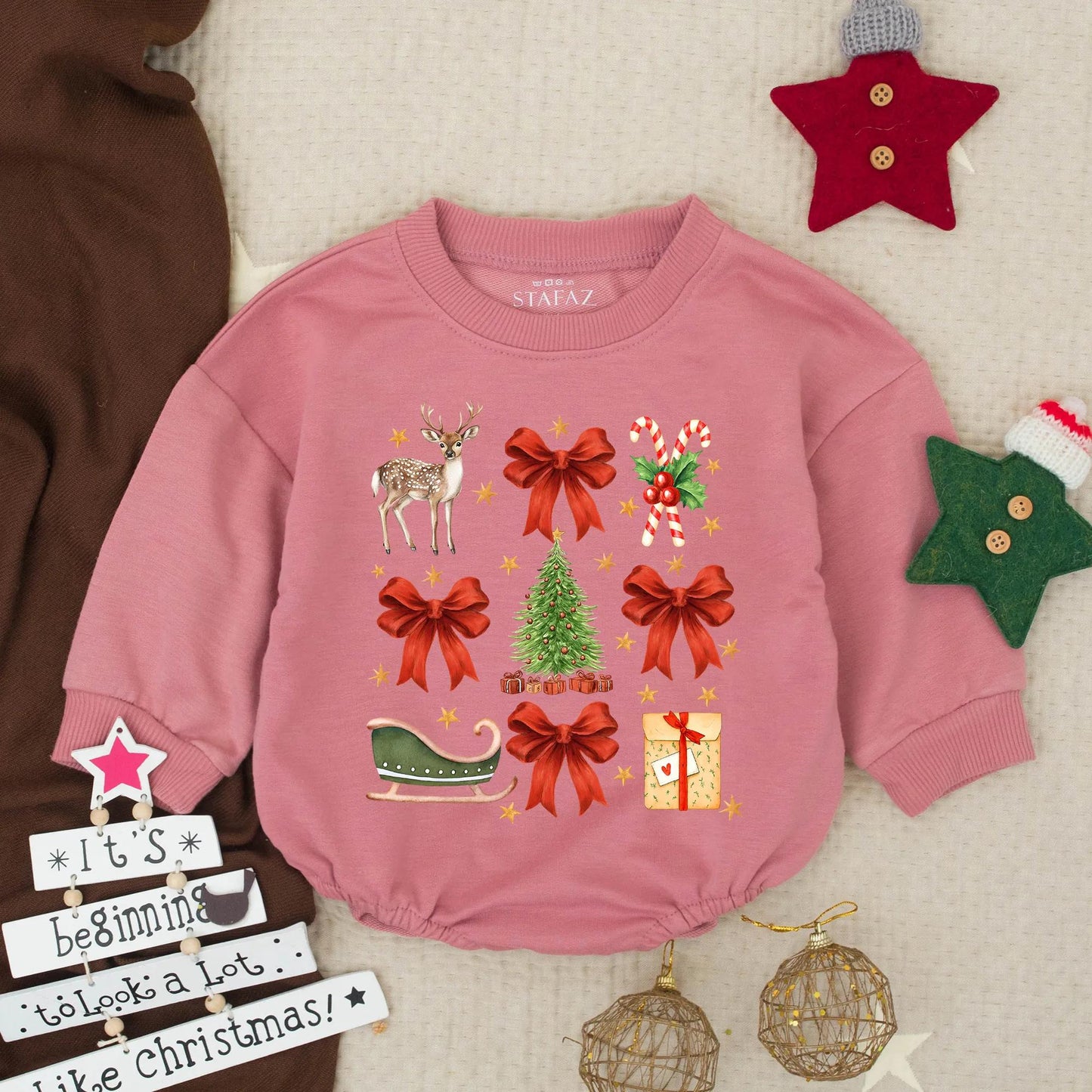 Vintage Christmas Bubble Romper for Baby Girl Candy Cane Bows Deer Sleigh Holly Gifts Retro Cheerful Holiday Outfit