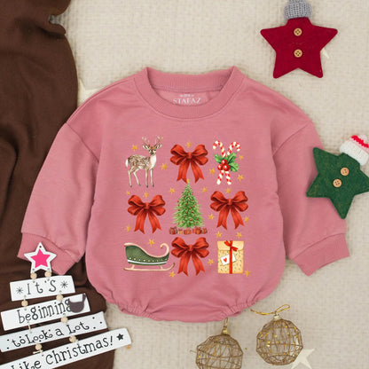 Vintage Christmas Bubble Romper for Baby Girl Candy Cane Bows Deer Sleigh Holly Gifts Retro Cheerful Holiday Outfit
