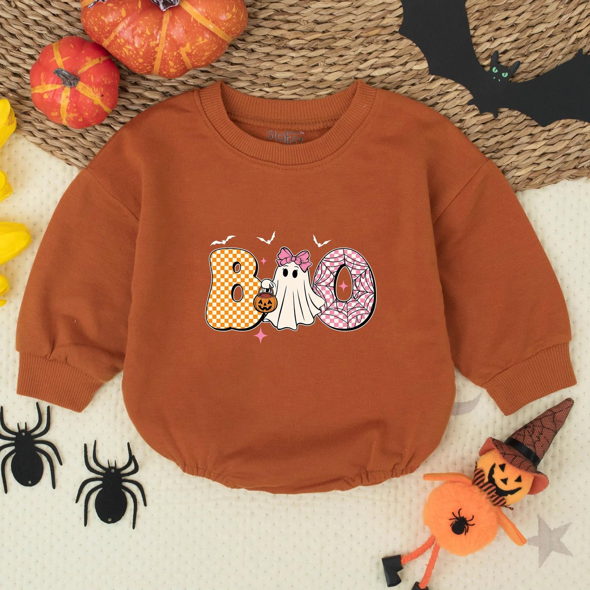 Cute Boo Ghost Toddler Sweatshirt, Halloween Kids Tee, Playful Cartoon Shirt with Bats & Stars, Girly Halloween Outfit, Soft Cotton Fall Shirt 139
