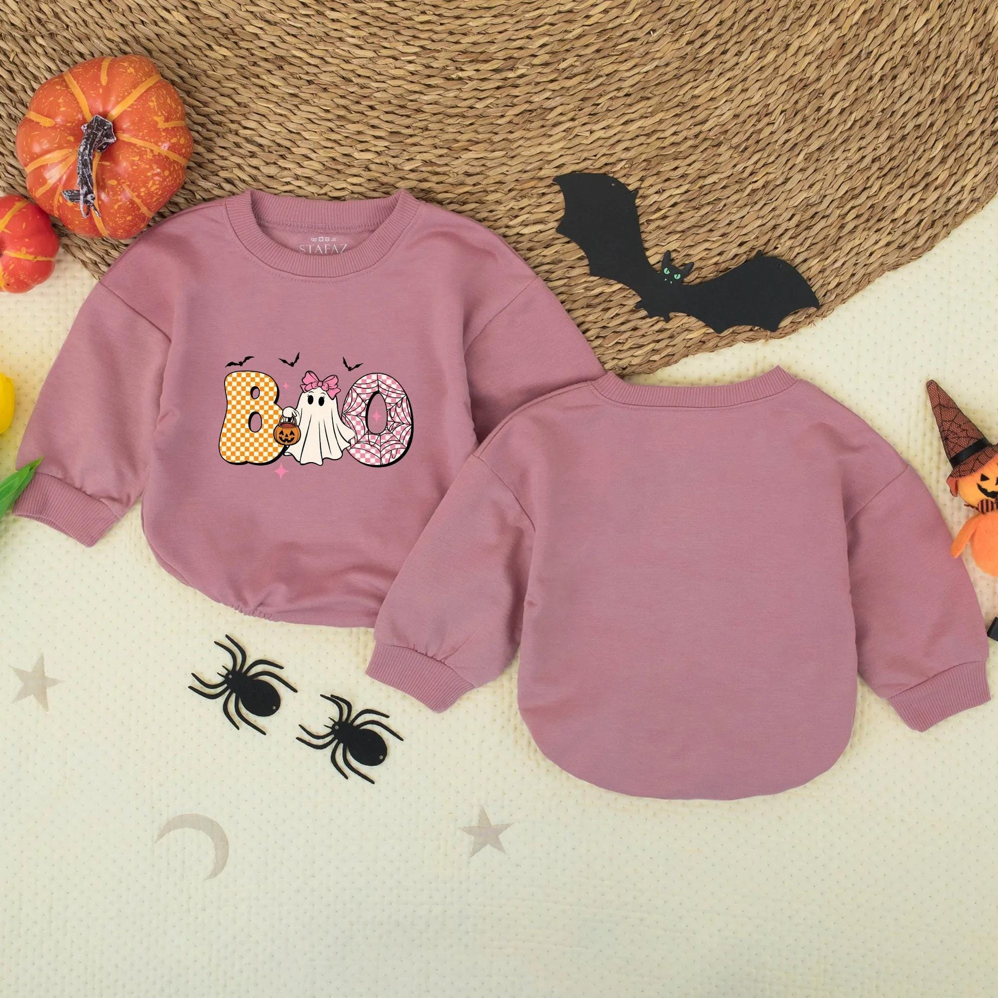 Cute Boo Ghost Toddler Sweatshirt, Halloween Kids Tee, Playful Cartoon Shirt with Bats & Stars, Girly Halloween Outfit, Soft Cotton Fall Shirt 139