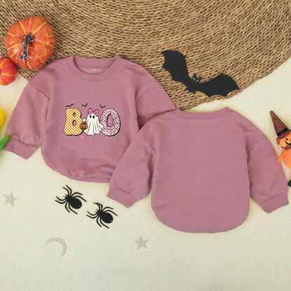 Cute Boo Ghost Toddler Sweatshirt, Halloween Kids Tee, Playful Cartoon Shirt with Bats & Stars, Girly Halloween Outfit, Soft Cotton Fall Shirt 139