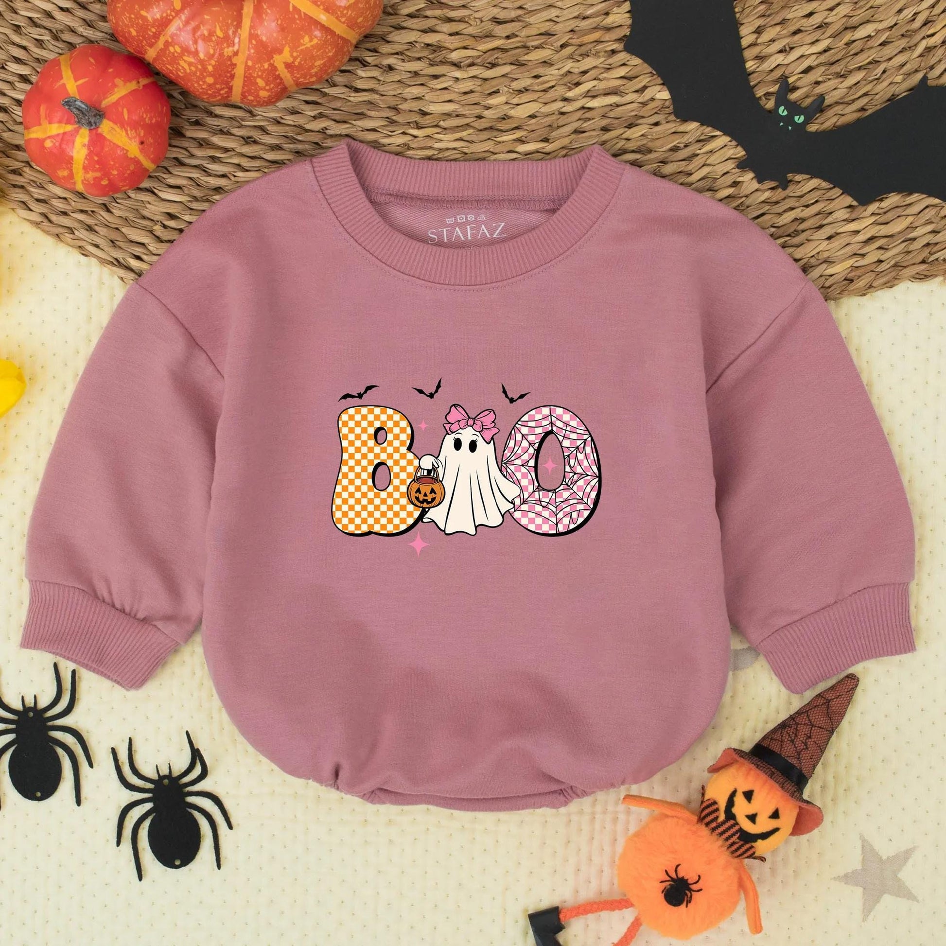 Cute Boo Ghost Toddler Sweatshirt, Halloween Kids Tee, Playful Cartoon Shirt with Bats & Stars, Girly Halloween Outfit, Soft Cotton Fall Shirt 139
