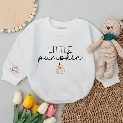 Personalized Little Pumpkin Baby Romper Cute Fall Bodysuit Custom Name Sleeve Design Natural Thanksgiving Matching Outfit Style