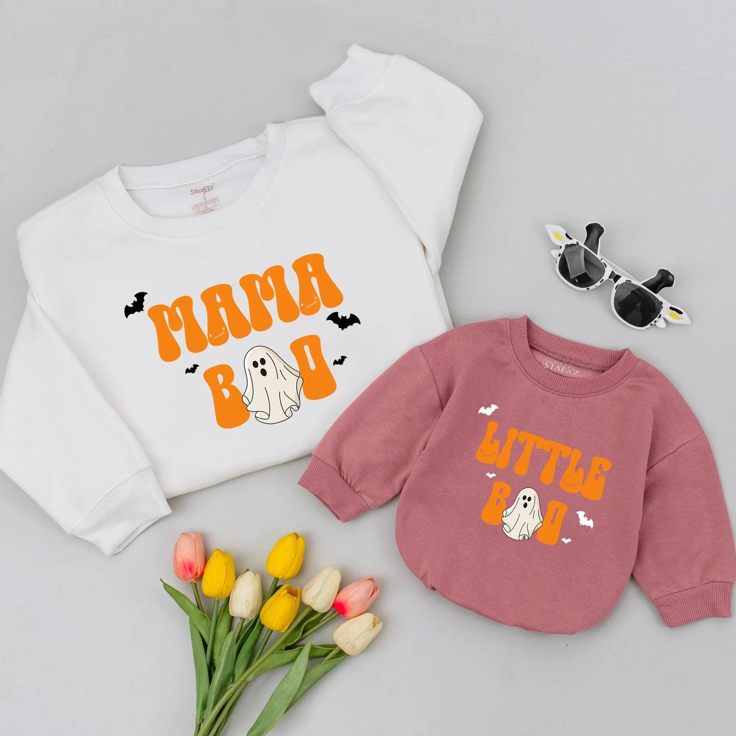 Matching Mama Boo & Little Boo Halloween Sweatshirt, Retro Ghost Romper Outfit Mom & Me Fall Baby Gift
