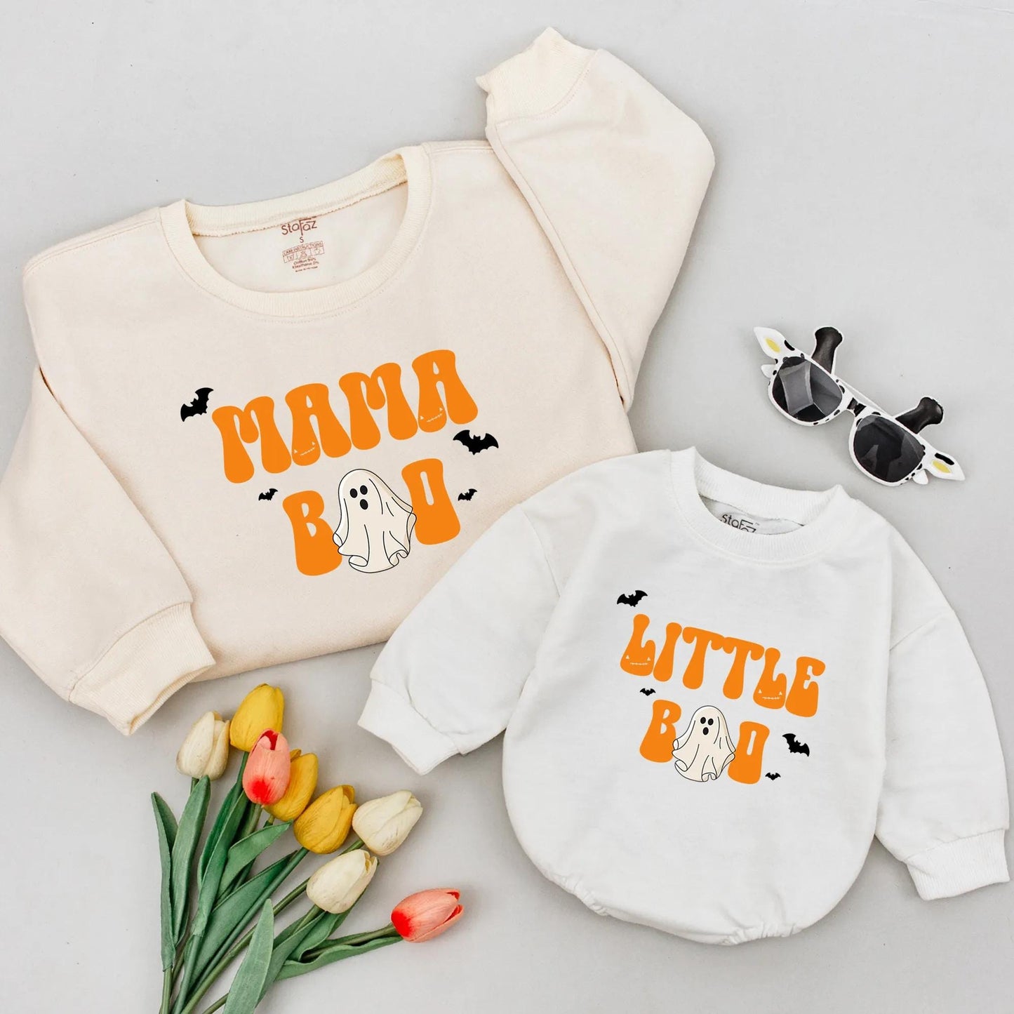 Matching Mama Boo & Little Boo Halloween Sweatshirt, Retro Ghost Romper Outfit Mom & Me Fall Baby Gift