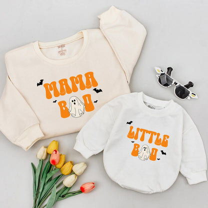 Matching Mama Boo & Little Boo Halloween Sweatshirt, Retro Ghost Romper Outfit Mom & Me Fall Baby Gift