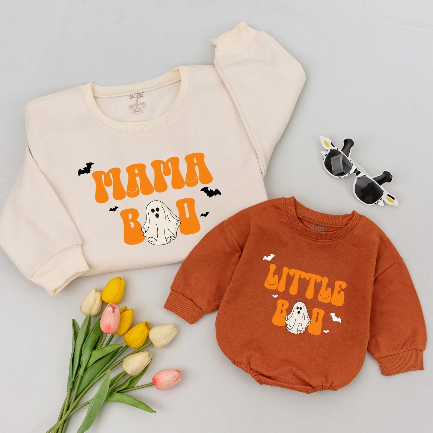 Matching Mama Boo & Little Boo Halloween Sweatshirt, Retro Ghost Romper Outfit Mom & Me Fall Baby Gift