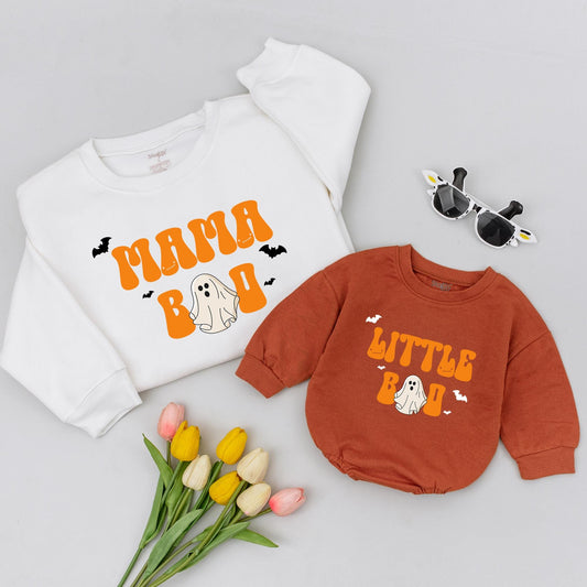 Matching Mama Boo & Little Boo Halloween Sweatshirt, Retro Ghost Romper Outfit Mom & Me Fall Baby Gift