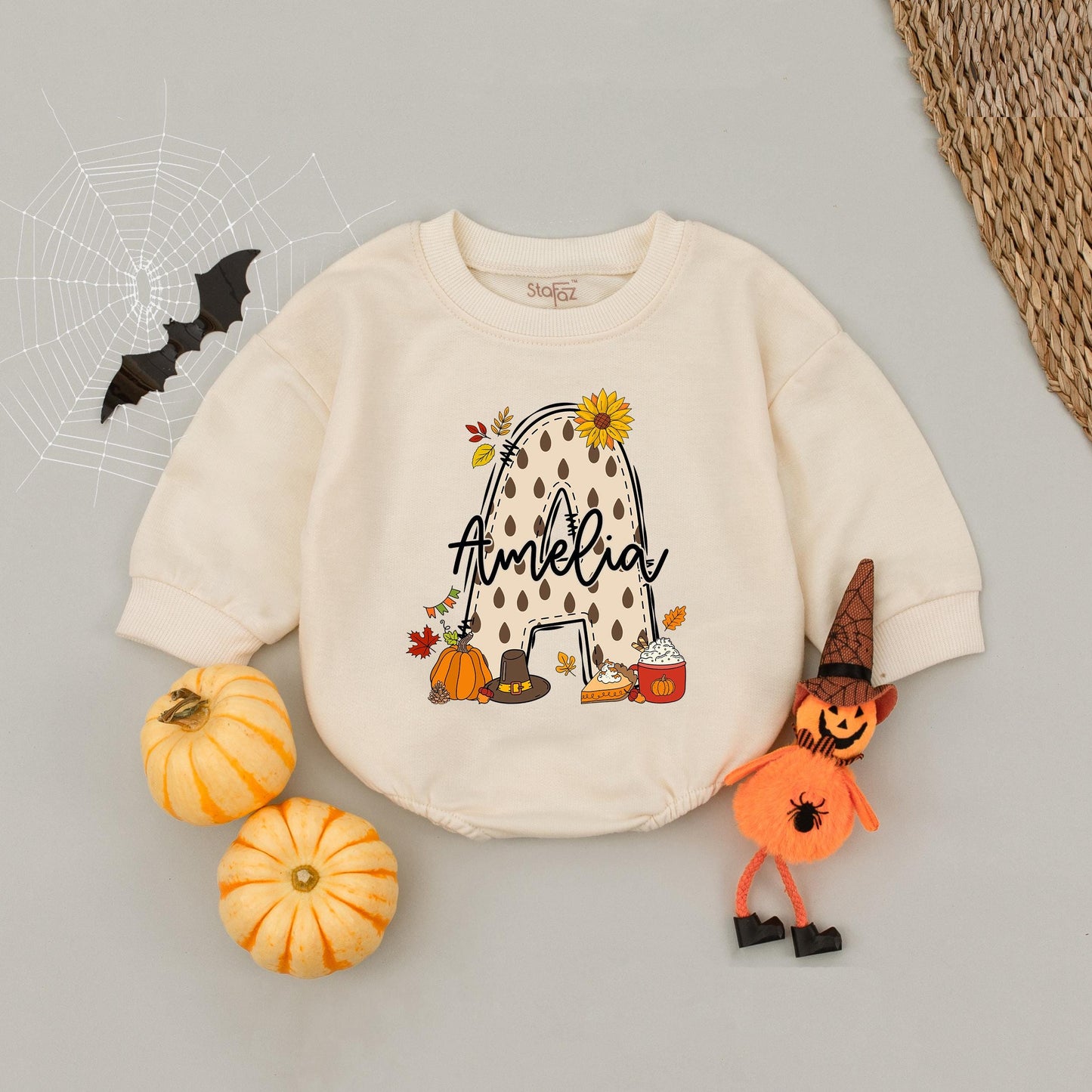Custom Fall Bubble Romper for Girls featuring Polka Dot A Design with Amelia Name, Autumn Sunflowers Pumpkins Leaves Pie Slice Theme Playful Baby Toddler Outfit