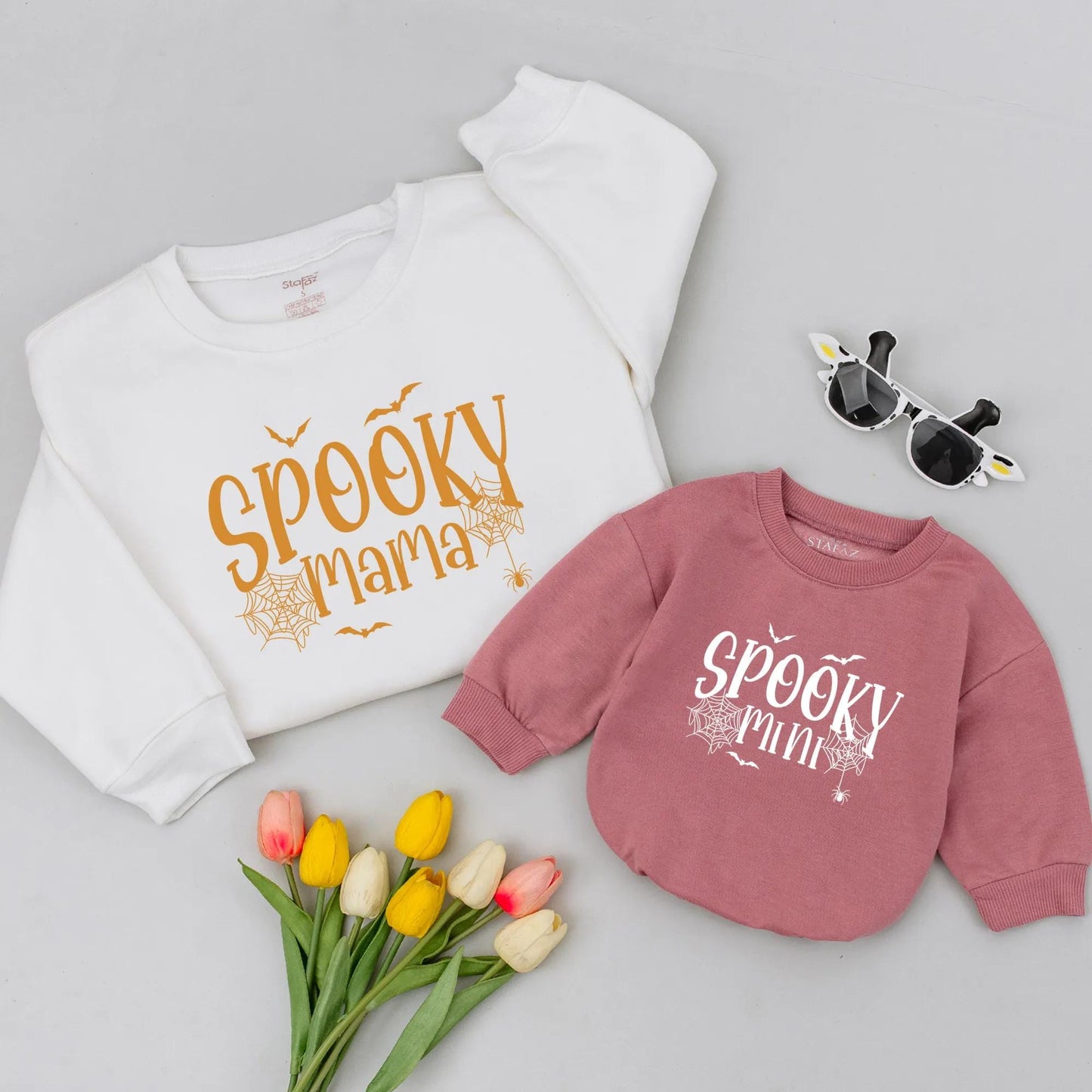 Spooky Mama & Mini Halloween Matching Shirts: Orange & White Spiderweb, Spider, Bat Designs, Mommy and Me Family Outfit