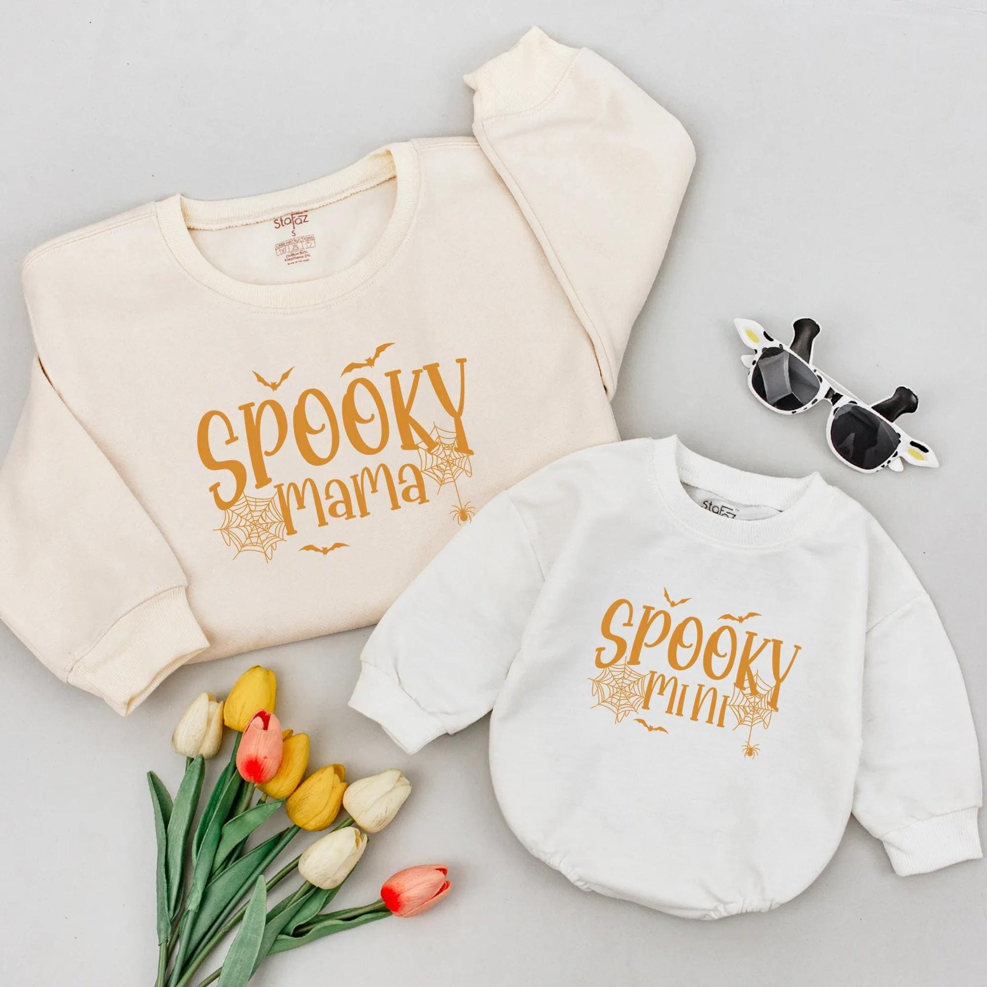 Spooky Mama & Mini Halloween Matching Shirts: Orange & White Spiderweb, Spider, Bat Designs, Mommy and Me Family Outfit