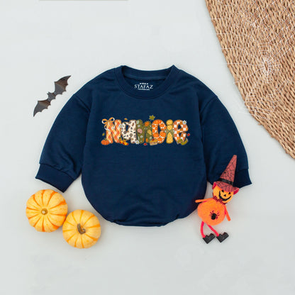 Custom Fall Name Bubble Romper Baby Toddler Girl, Playful Autumn Pumpkin Floral Letter Design Thanksgiving Halloween Outfit Infant Clothes