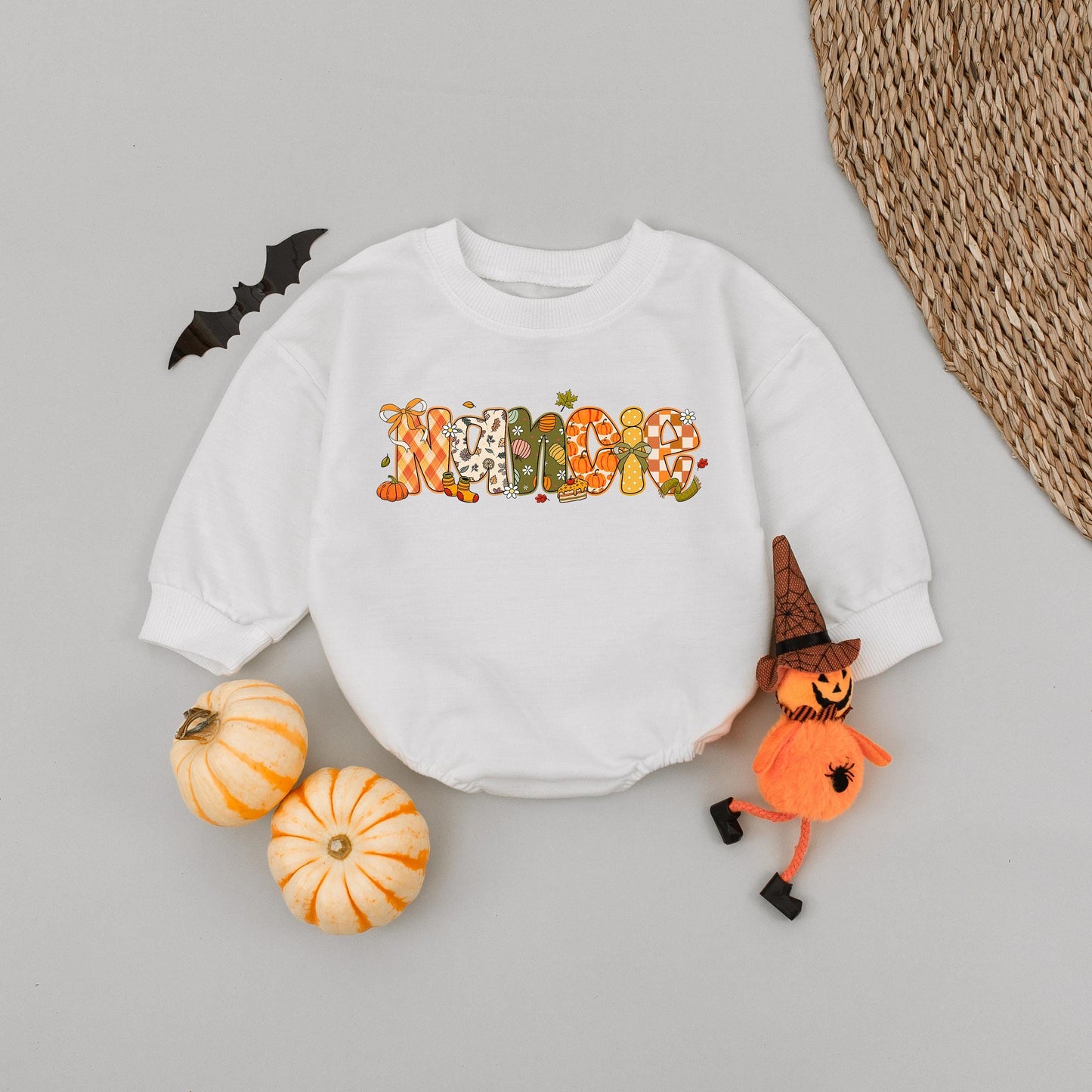 Custom Fall Name Bubble Romper Baby Toddler Girl, Playful Autumn Pumpkin Floral Letter Design Thanksgiving Halloween Outfit Infant Clothes