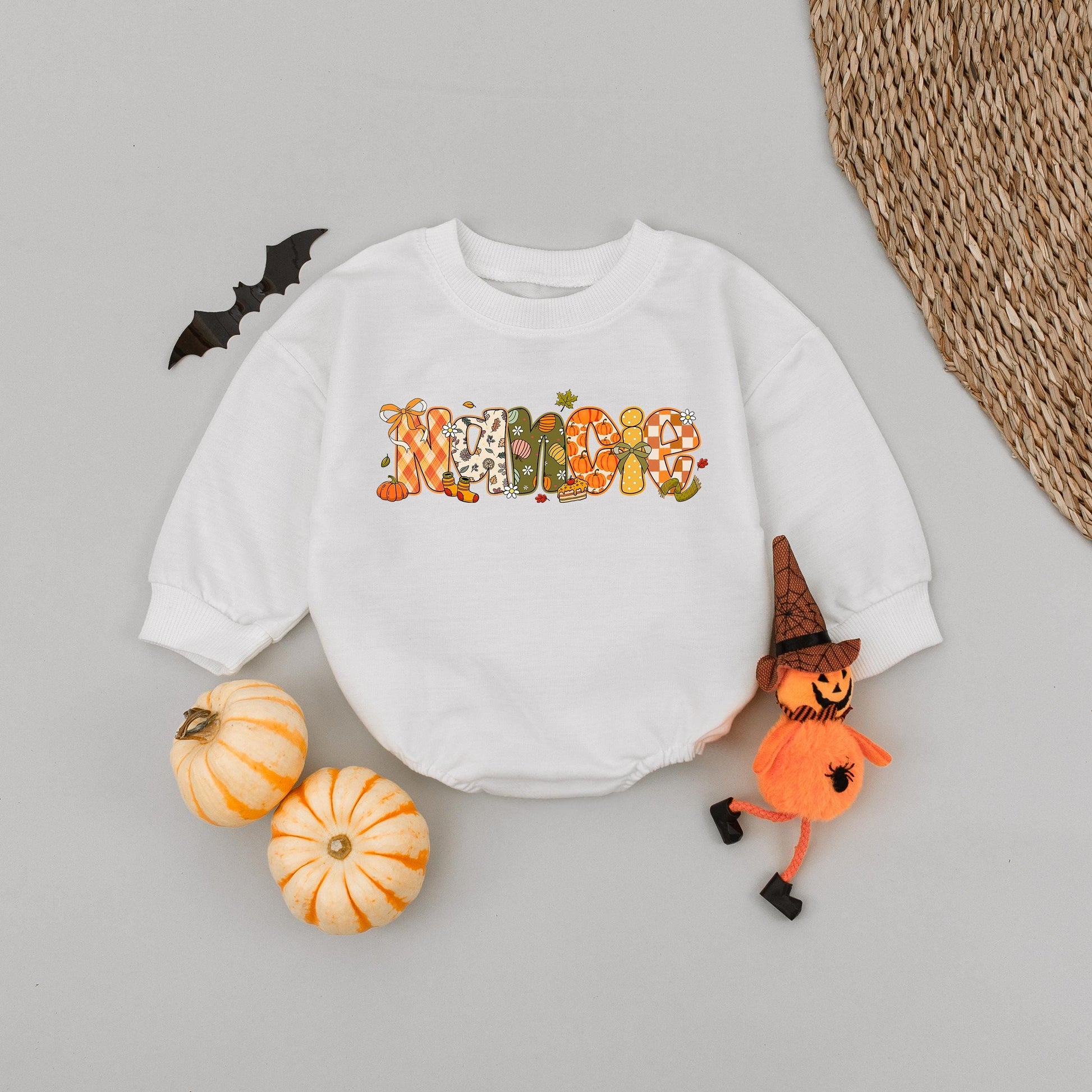 Custom Fall Name Bubble Romper Baby Toddler Girl, Playful Autumn Pumpkin Floral Letter Design Thanksgiving Halloween Outfit Infant Clothes