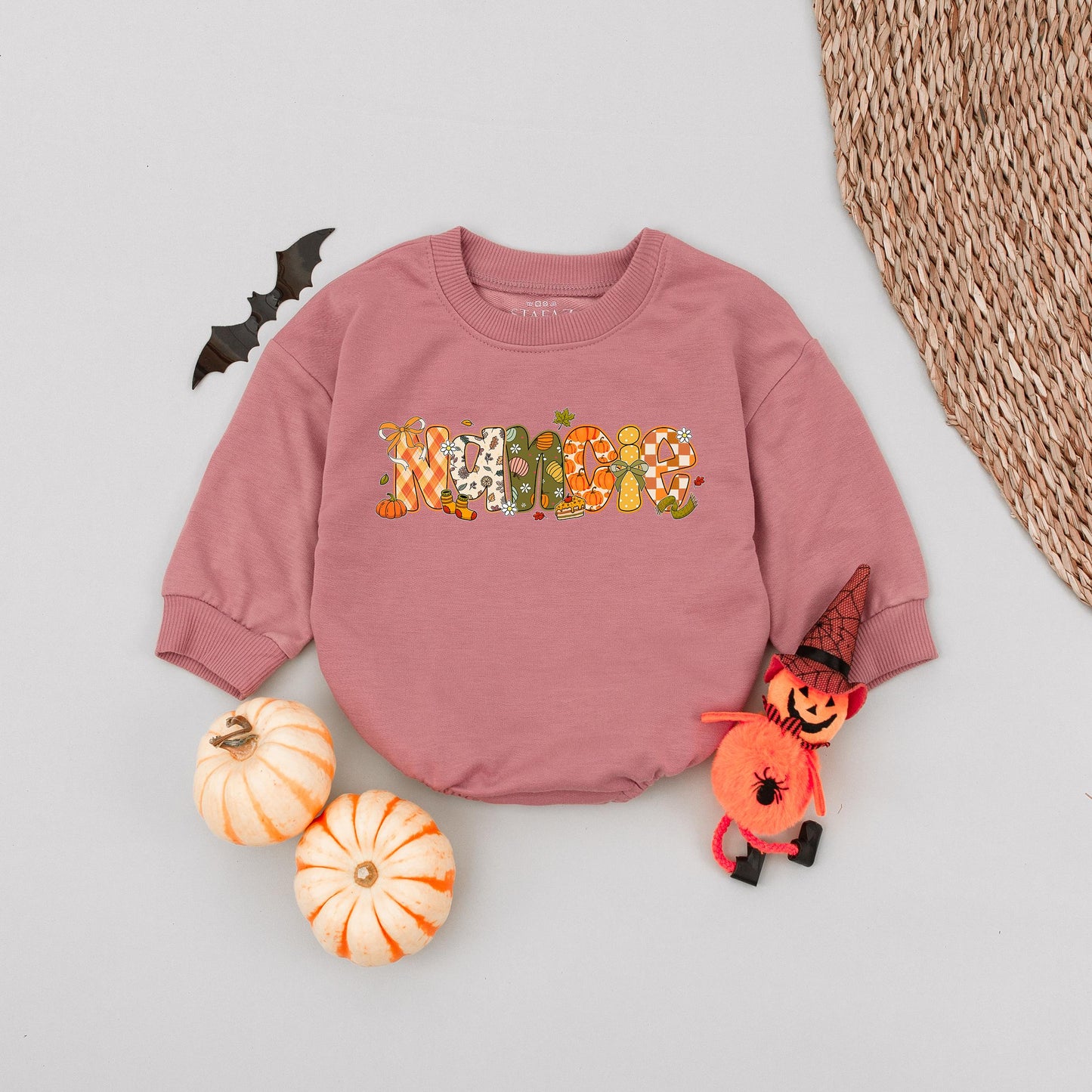 Custom Fall Name Bubble Romper Baby Toddler Girl, Playful Autumn Pumpkin Floral Letter Design Thanksgiving Halloween Outfit Infant Clothes