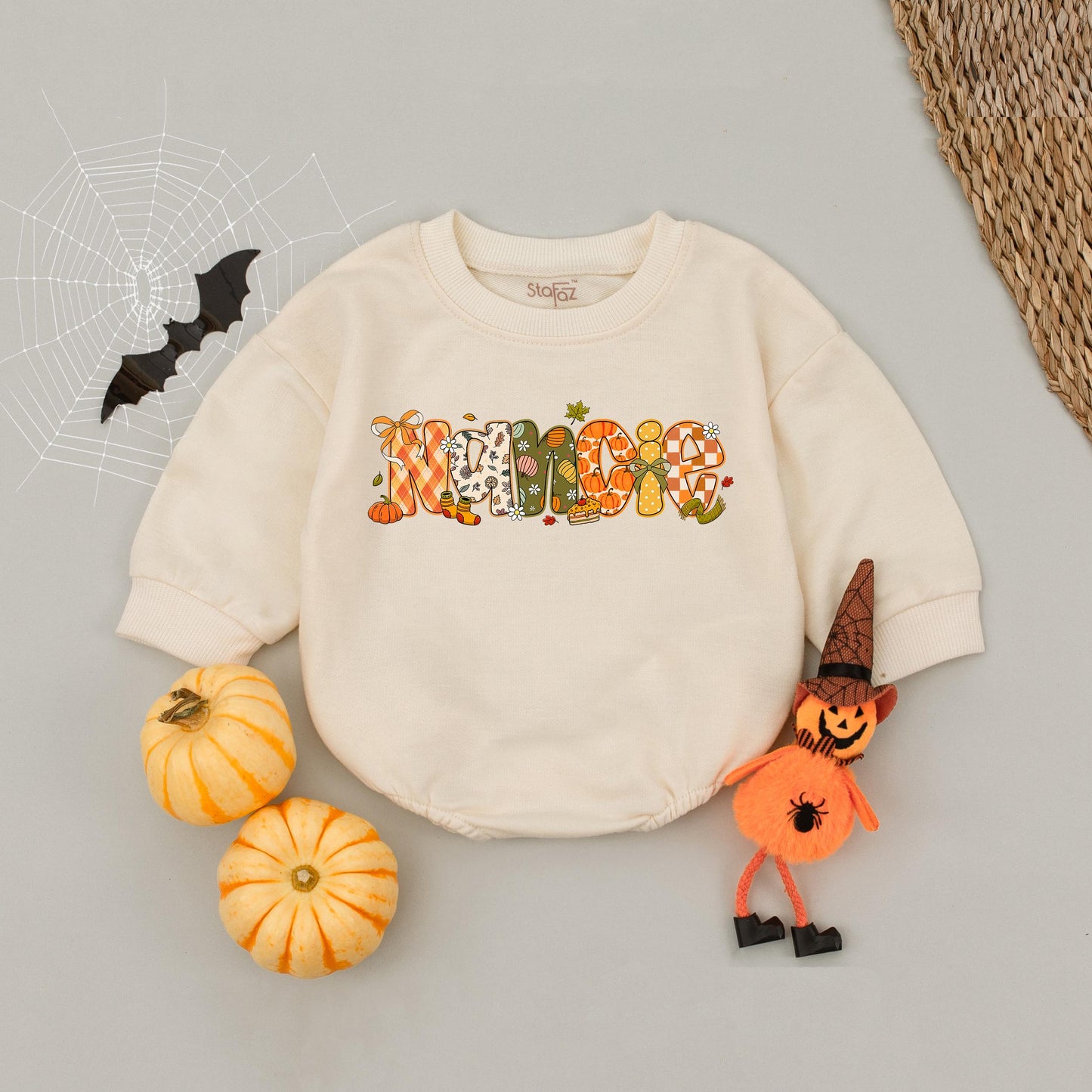 Custom Fall Name Bubble Romper Baby Toddler Girl, Playful Autumn Pumpkin Floral Letter Design Thanksgiving Halloween Outfit Infant Clothes