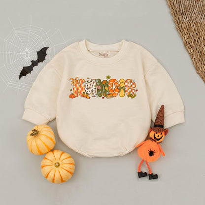 Custom Fall Name Bubble Romper Baby Toddler Girl, Playful Autumn Pumpkin Floral Letter Design Thanksgiving Halloween Outfit Infant Clothes