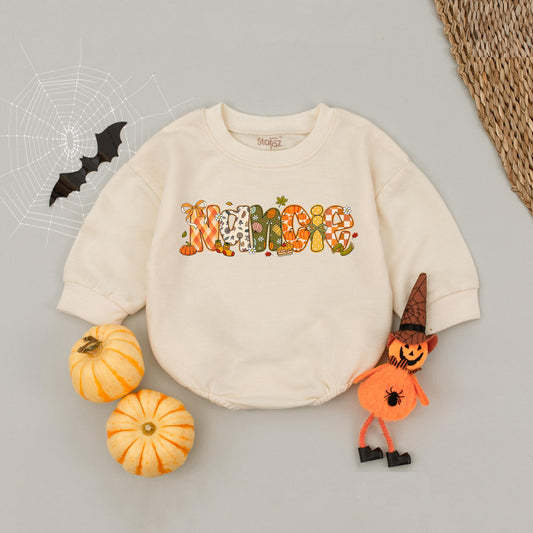 Custom Fall Name Bubble Romper Baby Toddler Girl, Playful Autumn Pumpkin Floral Letter Design Thanksgiving Halloween Outfit Infant Clothes
