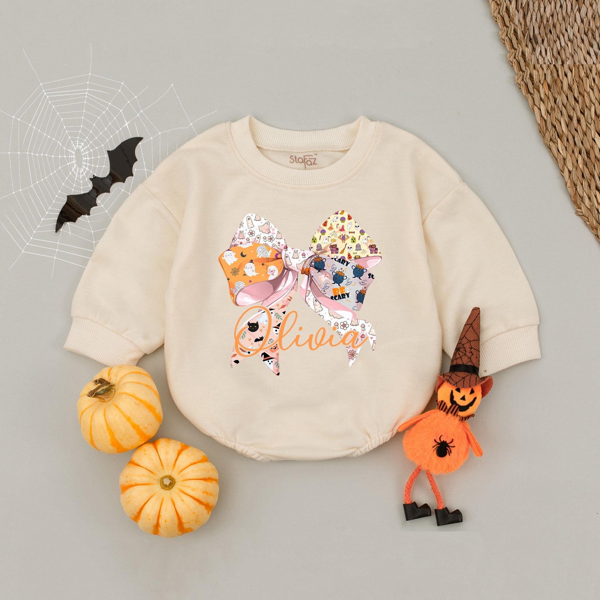 Custom Name Halloween Pink Bow Baby Romper Sweater Cute Ghost Pumpkin Bat 'Be Scary' Design for Fall Festive Newborn