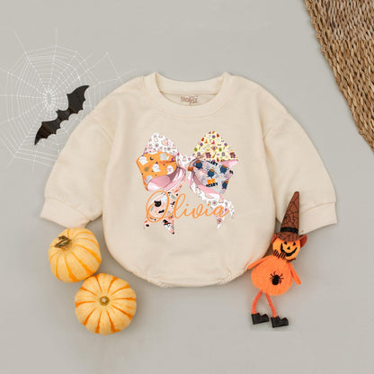 Custom Name Halloween Pink Bow Baby Romper Sweater Cute Ghost Pumpkin Bat 'Be Scary' Design for Fall Festive Newborn