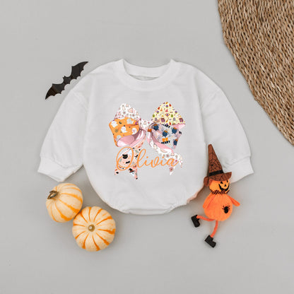Custom Name Halloween Pink Bow Baby Romper Sweater Cute Ghost Pumpkin Bat 'Be Scary' Design for Fall Festive Newborn