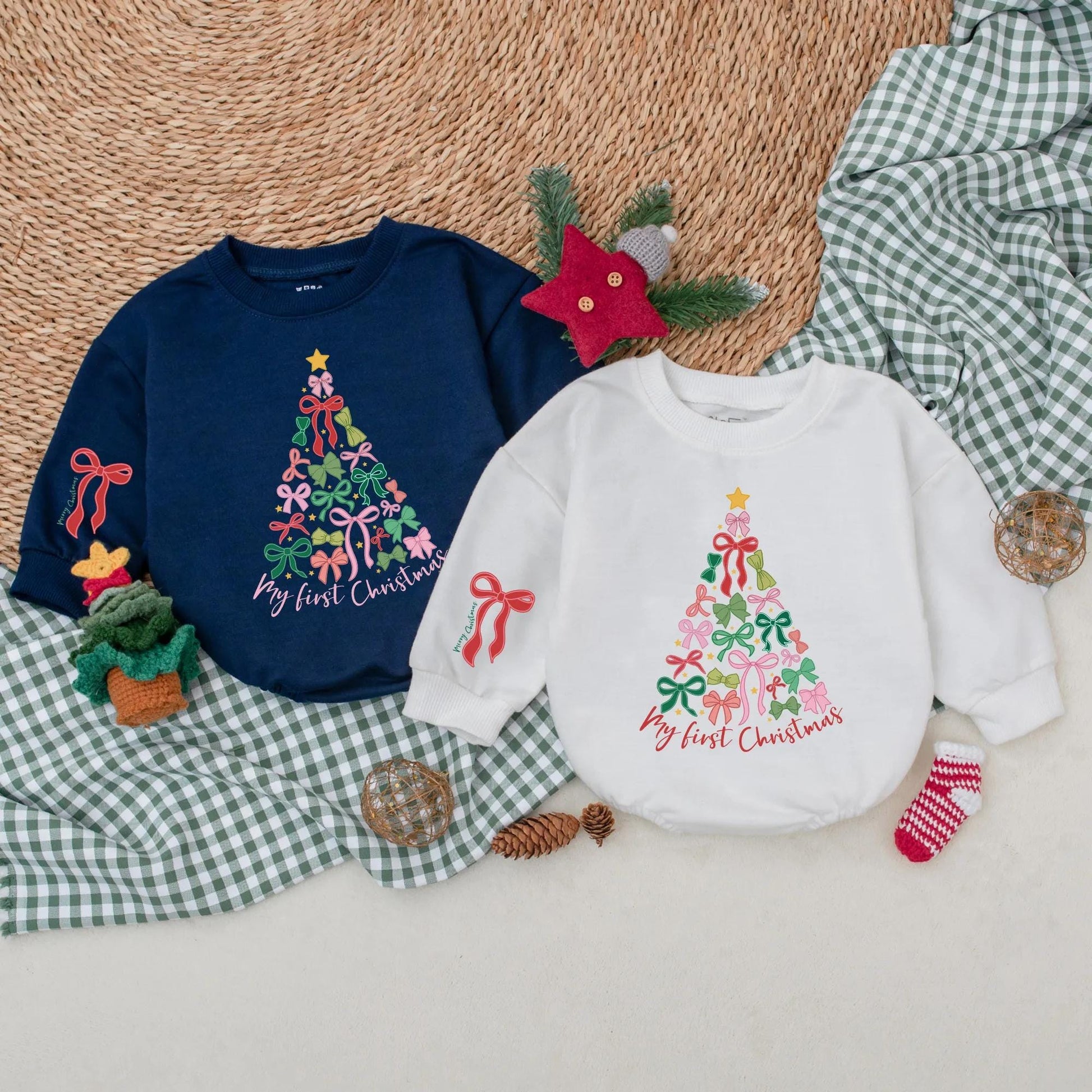 Baby Girl's My First Christmas Tree Bow Romper Outfit: Festive Holiday Baby Clothes with 'Merry Christmas' on Sleeve