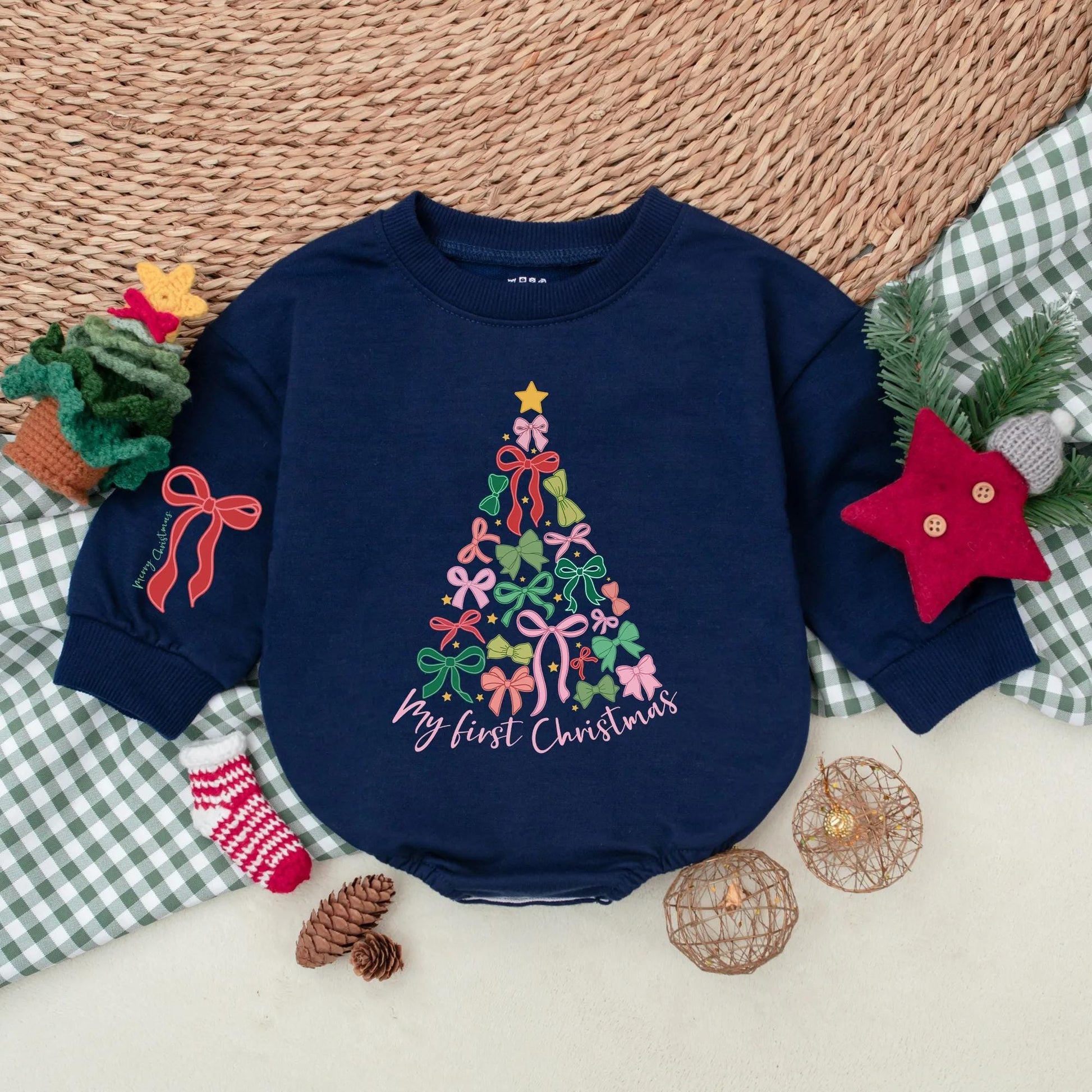 Baby Girl's My First Christmas Tree Bow Romper Outfit: Festive Holiday Baby Clothes with 'Merry Christmas' on Sleeve