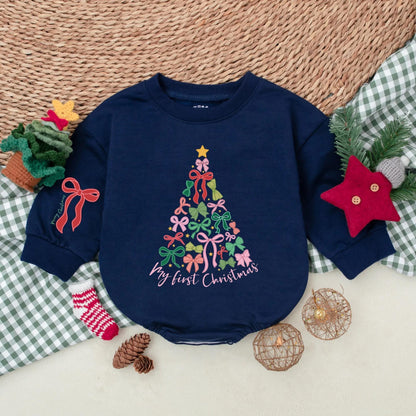 Baby Girl's My First Christmas Tree Bow Romper Outfit: Festive Holiday Baby Clothes with 'Merry Christmas' on Sleeve