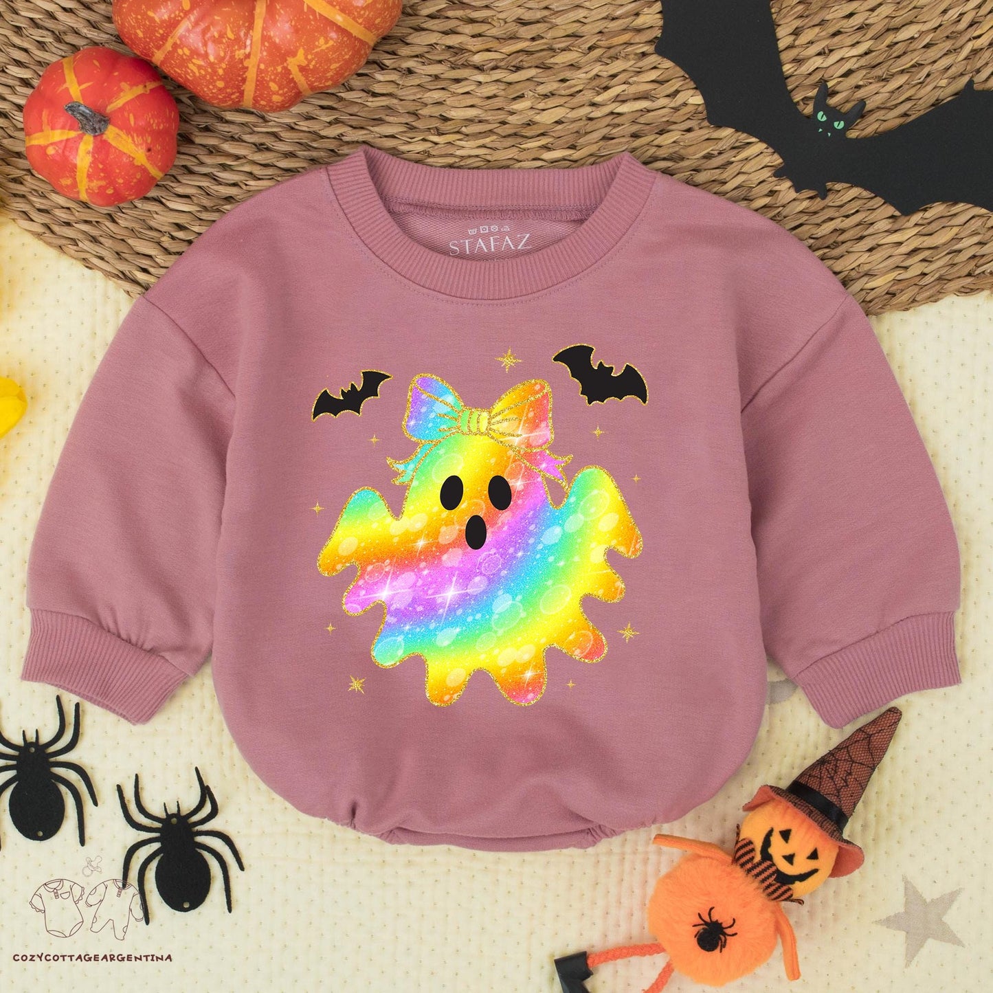 Rainbow Ghost Baby Romper: Glitter Bow Halloween Bodysuit for Baby Girl, Cute First Halloween Outfit, Spooky Season Costume, Fun Fall Romper 138