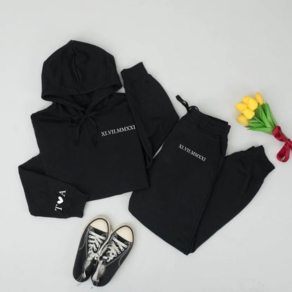 Custom Roman Numeral Hoodie with Initial Heart Sleeve Matching Couple Sweatshirt Personalized Date XI.VII.MMXXI Anniversary Gift Comfortable Soft Cotton