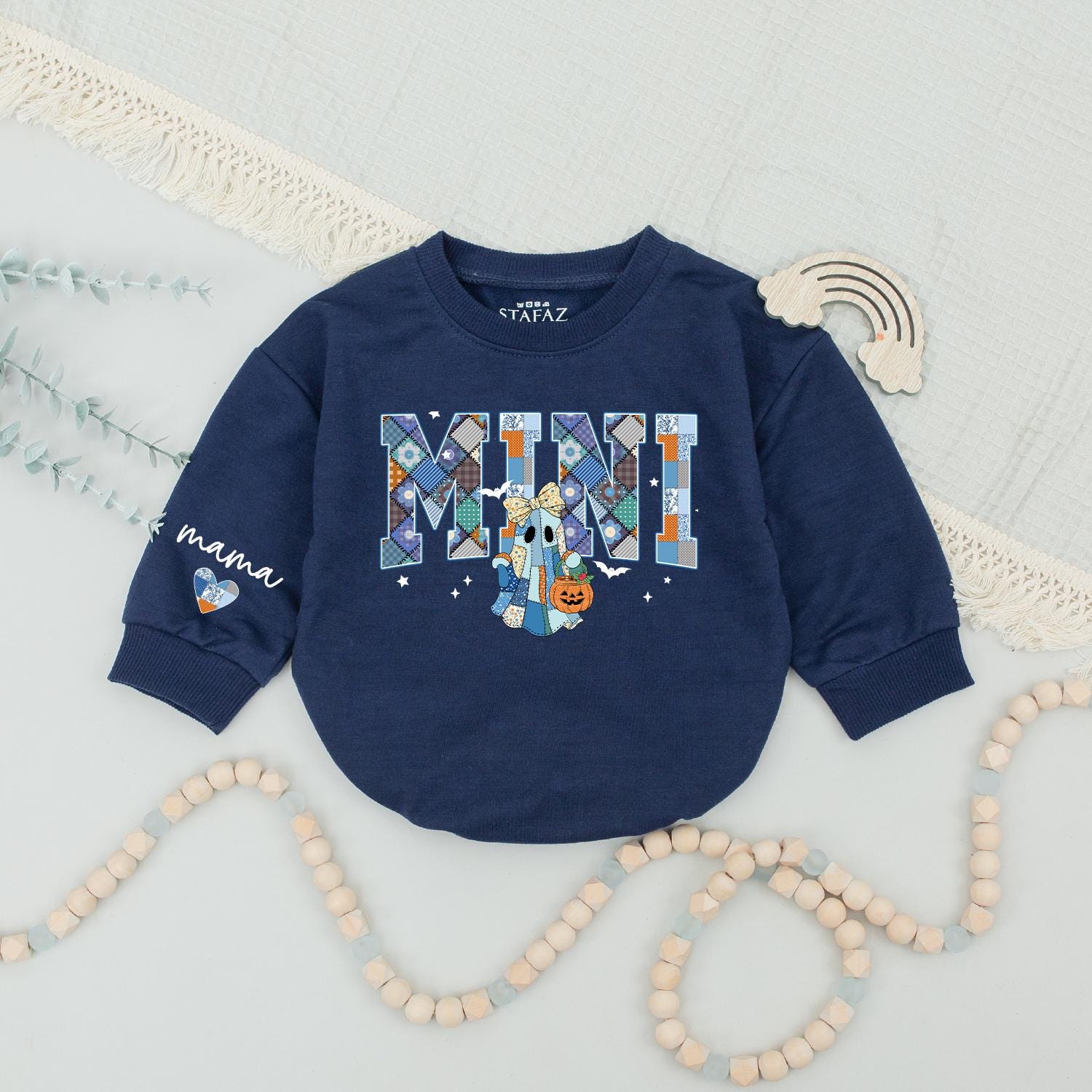 Custom Mama Mini Halloween Sweatshirts Patchwork Ghost Design, Retro Spooky Season Matching Mommy and Me Outfits, Personalized Family Halloween Gift Idea